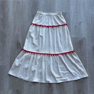 Vintage ivory maxi skirt with red Pom Pom trim